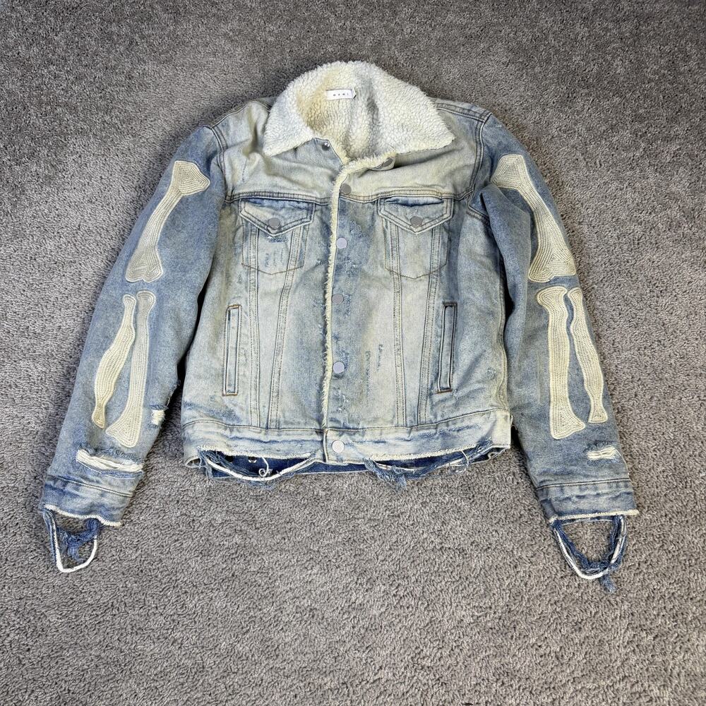 Mnml Jacket Mens S Blue Denim Bomber Sherpa Lined Skeleton Sleeves Distressed